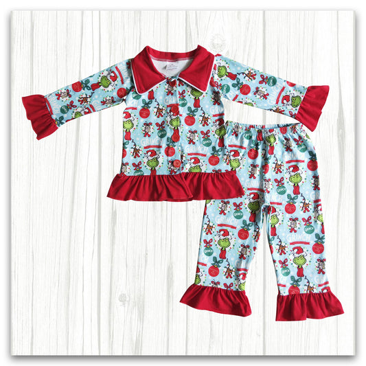 Cute Christmas Button Open Ruffle Pajamas Girl