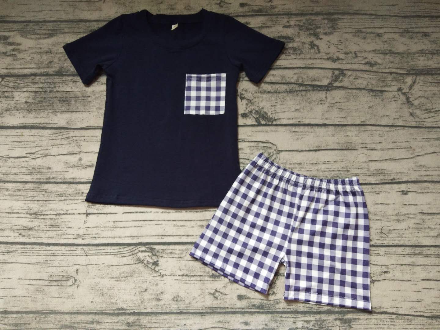 Pre-Order navy blue top plaid shorts set