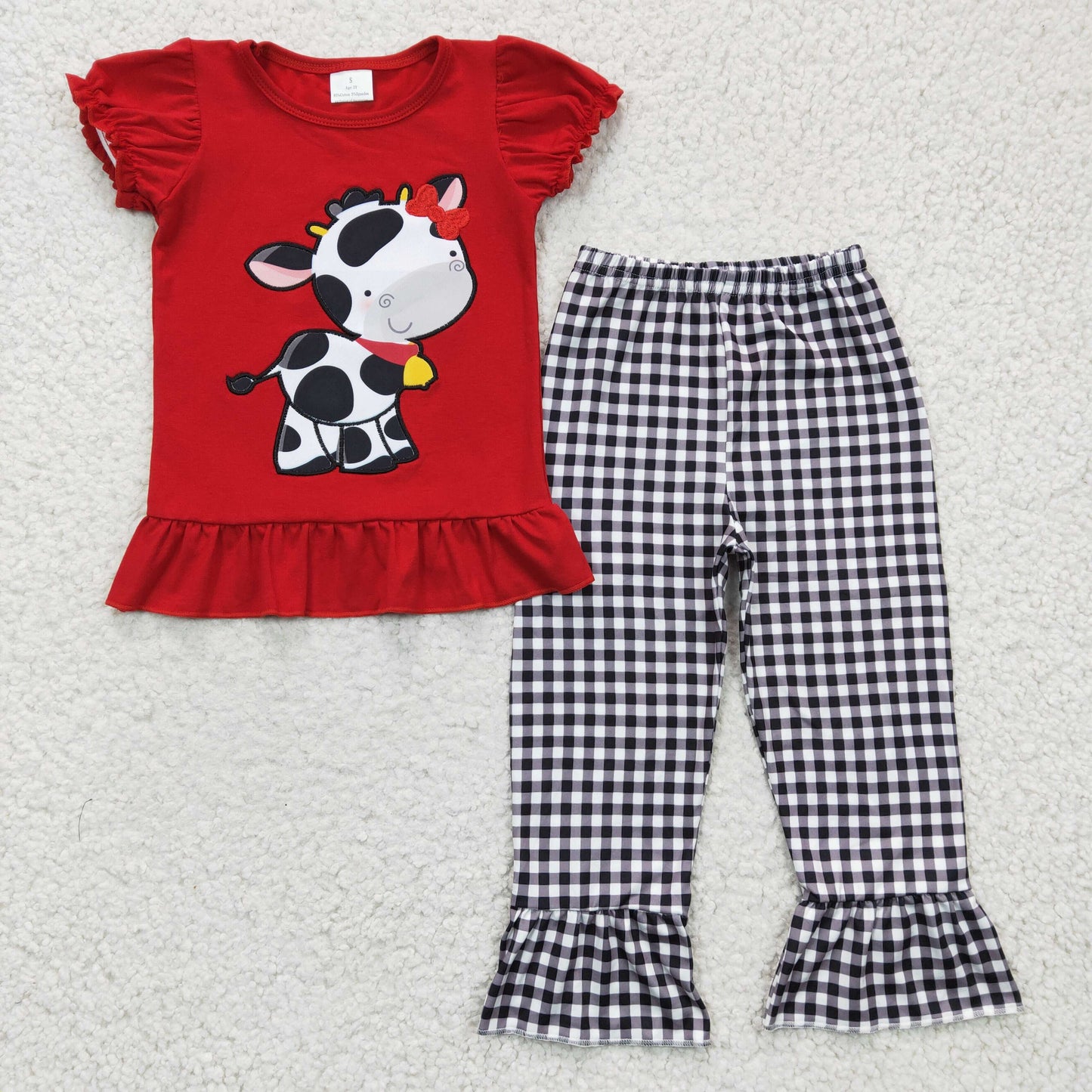 spring red shirt cow embroidery straight pants outfit farm
