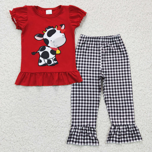 girl spring red shirt cow embroidery straight pants outfit sibling