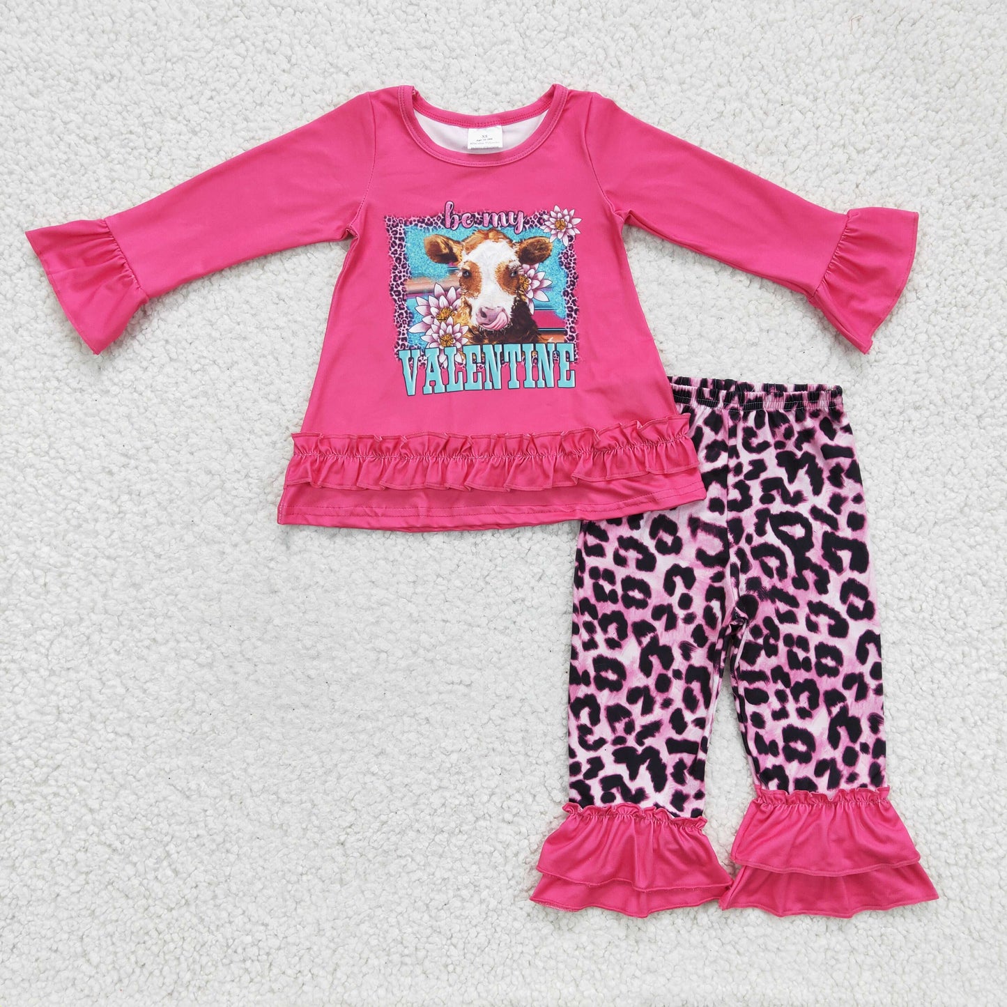girl valentine's day cow pink leopard ruffle outfit