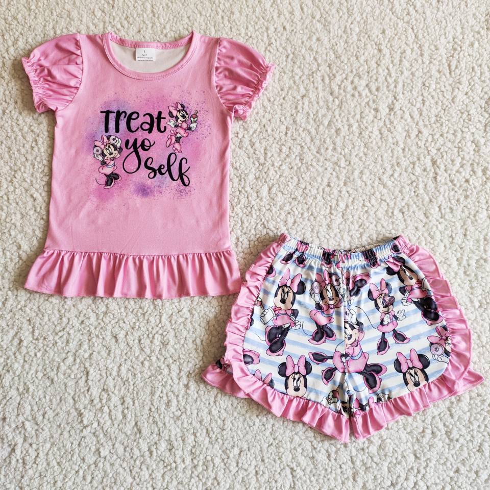 pink cartoon ruffle shorts set girl’s outfit