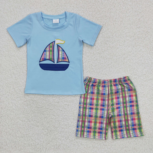 boy's clothing blue sail boat embroidery checked shorts set