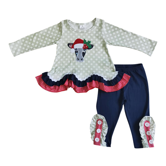 Christmas cow embroidery leggings set outfit