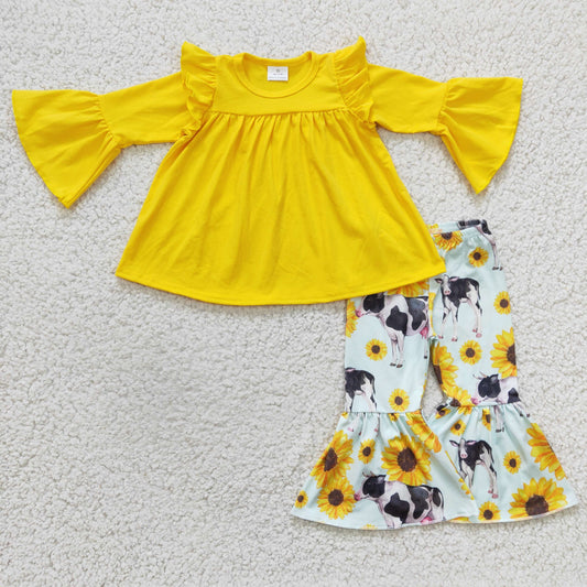 cotton yellow ruffle top sunflower and cow outfit