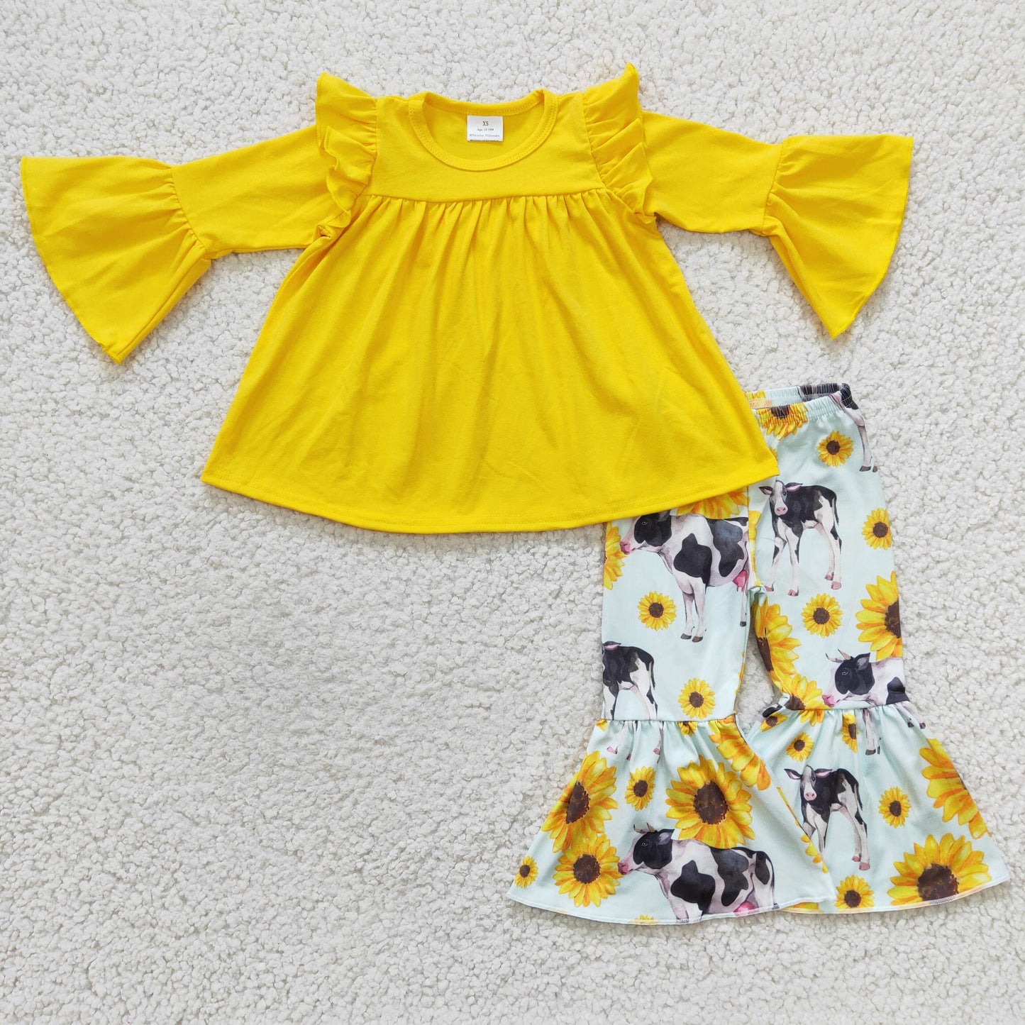 cotton yellow ruffle top sunflower and cow pants set