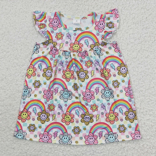 smiley floral rainbow flutter sleeve dress