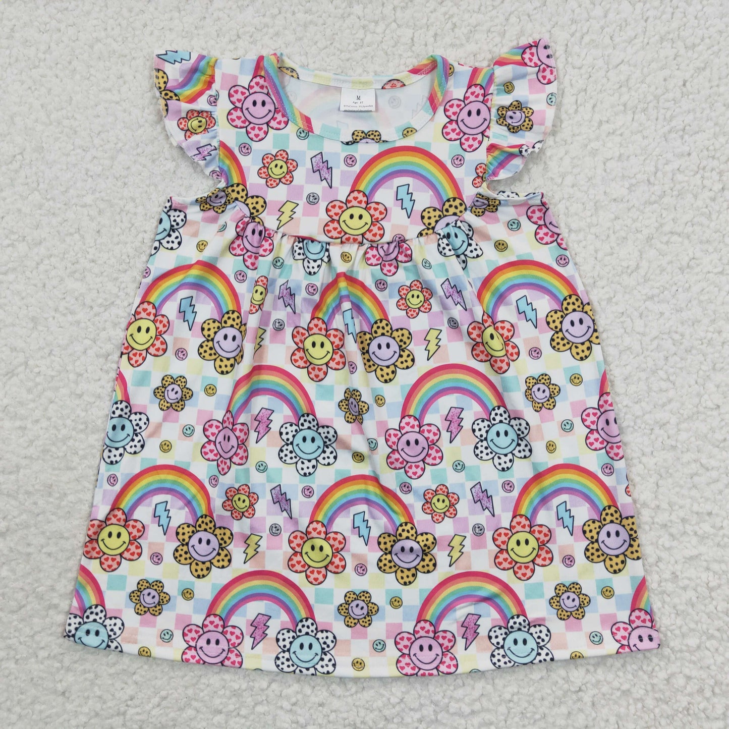 smiley floral rainbow flutter sleeve dress