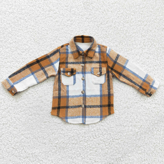 boy fall brown white plaid button flannel top with pocket