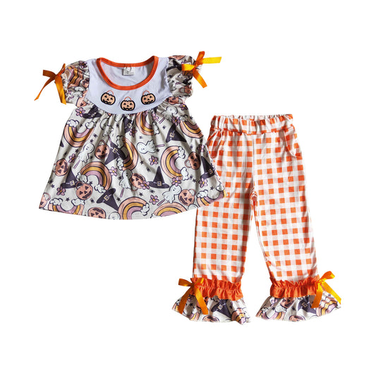 girl short sleeve rainbow pumpkin basket ruffle outfit with pocket