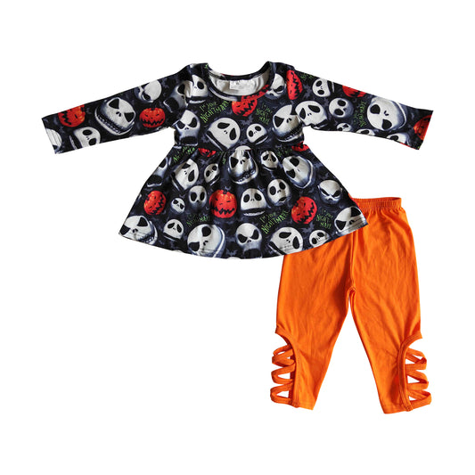 kids clothing pumpkin skull bone print orange cross leggings outfit for Halloween
