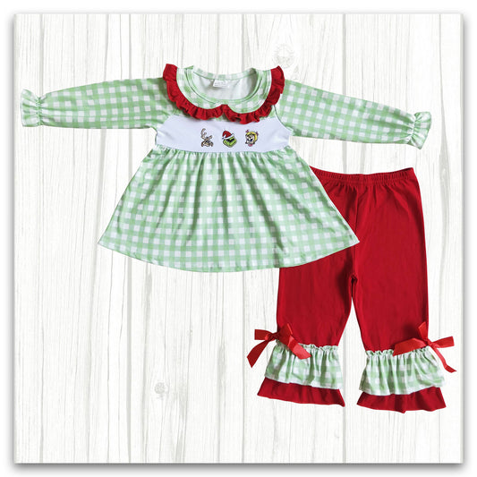girl Christmas embroidery outfit red ruffle pants set