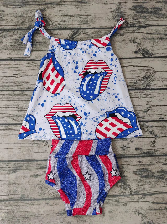 red white blue tongue girls 4th of july 2 pieces outfit