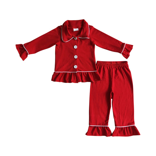 christmas solid red cotton button pajamas ruffle outfit