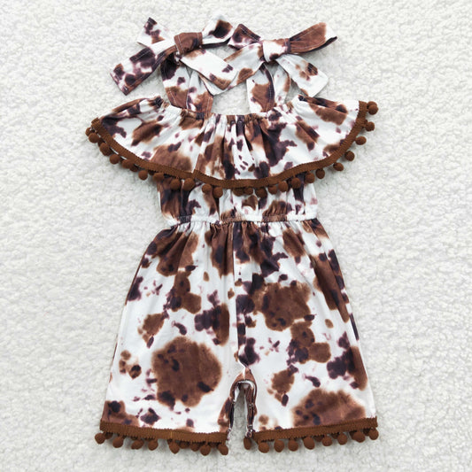 girl’s outfit brown cow print jumpsuit shorts length