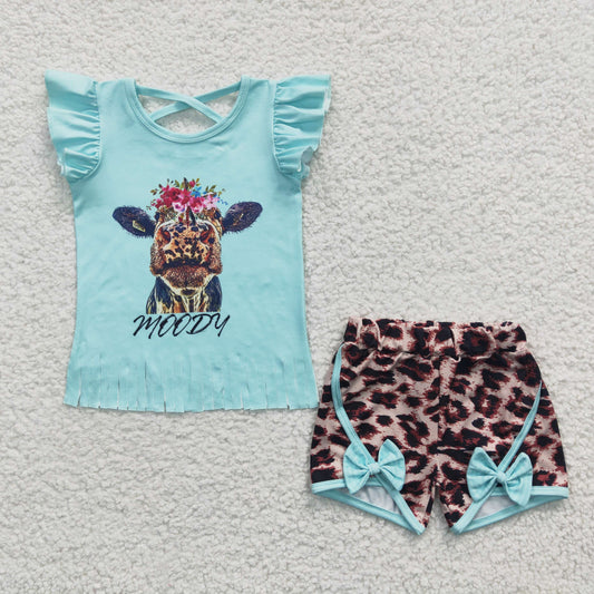 girl mint moody cow print leopard bow shorts set