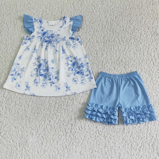 girl's outfit blue floral ruffle shorts set kids clothing A14-9
