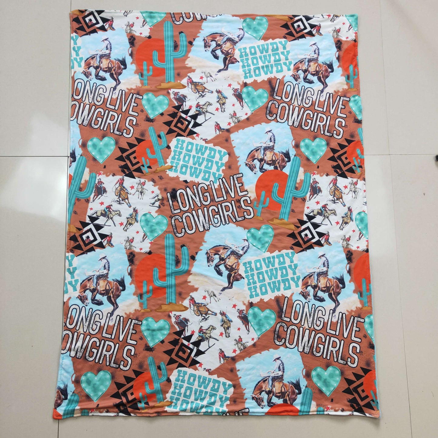 western howdy long life cowgirl blanket blue and brown