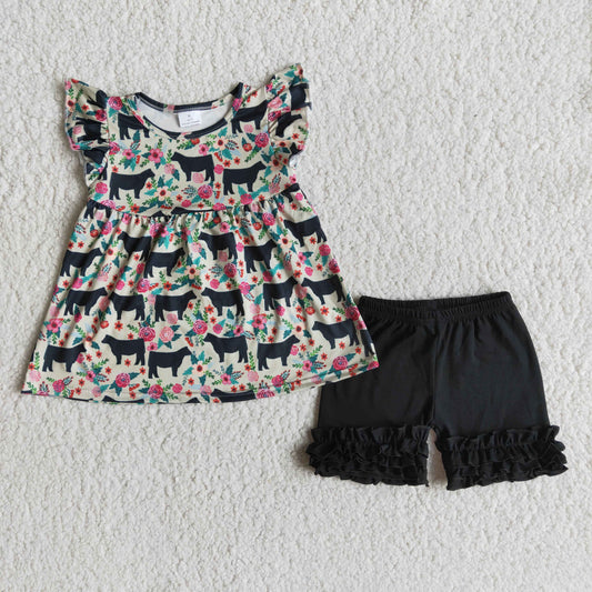 floral animal print black icing shorts set