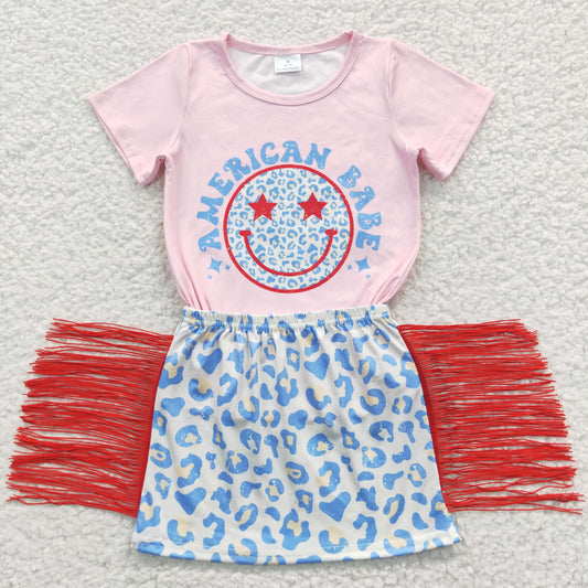 American Babe Smiley Face Blue 4th Of July Patriotic Baby Girls Skirt Set