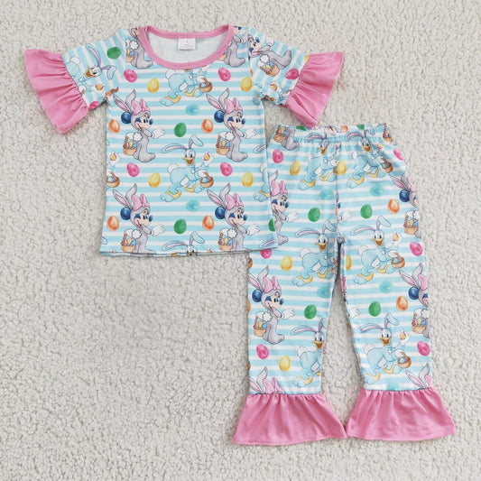 girl easter pink blue short sleeve cartoon rabbit pajama outfit