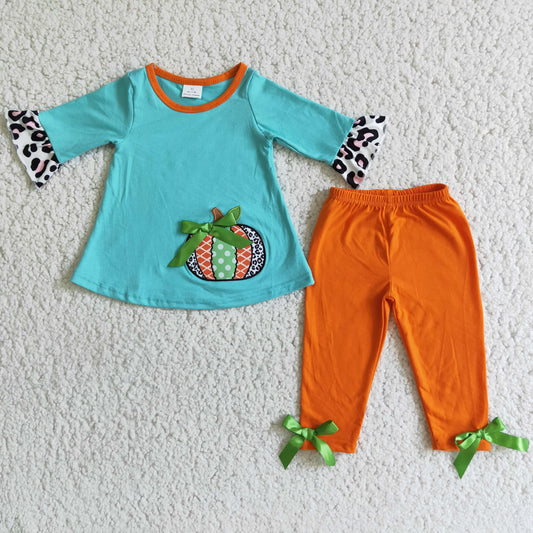 Half Sleeve Pumpkin Embroidery Leggings Set