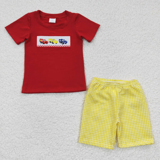 red yellow crazy car embroidery seersucker shorts set boy