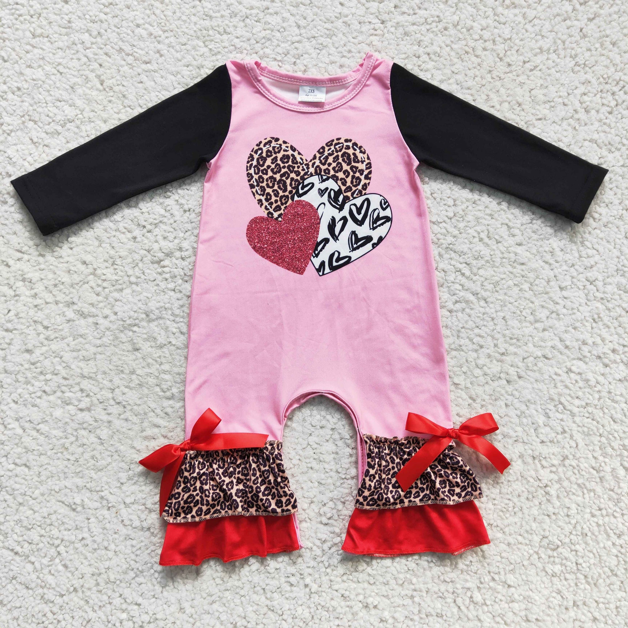 toddlers valentine 3 heart print pink black ruffle romper