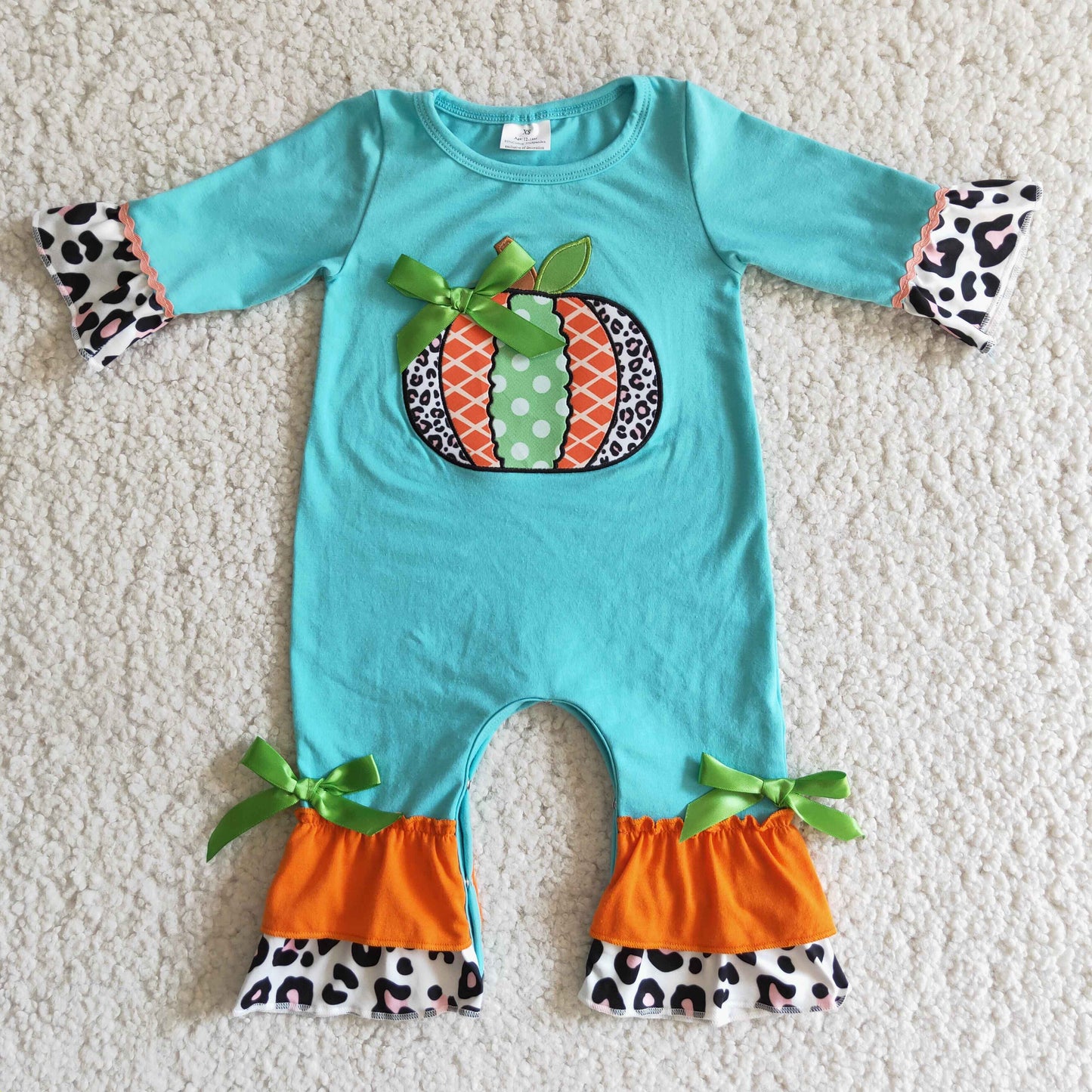 infant girl mint green pumpkin embroidery romper