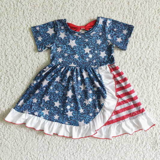girl's july 4th clothing blue star and red stripe twirl dress