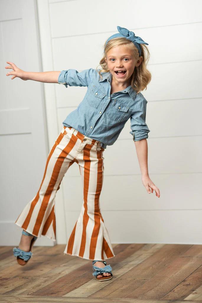 Brown Stripe Flare Jeans Bells with Pocket