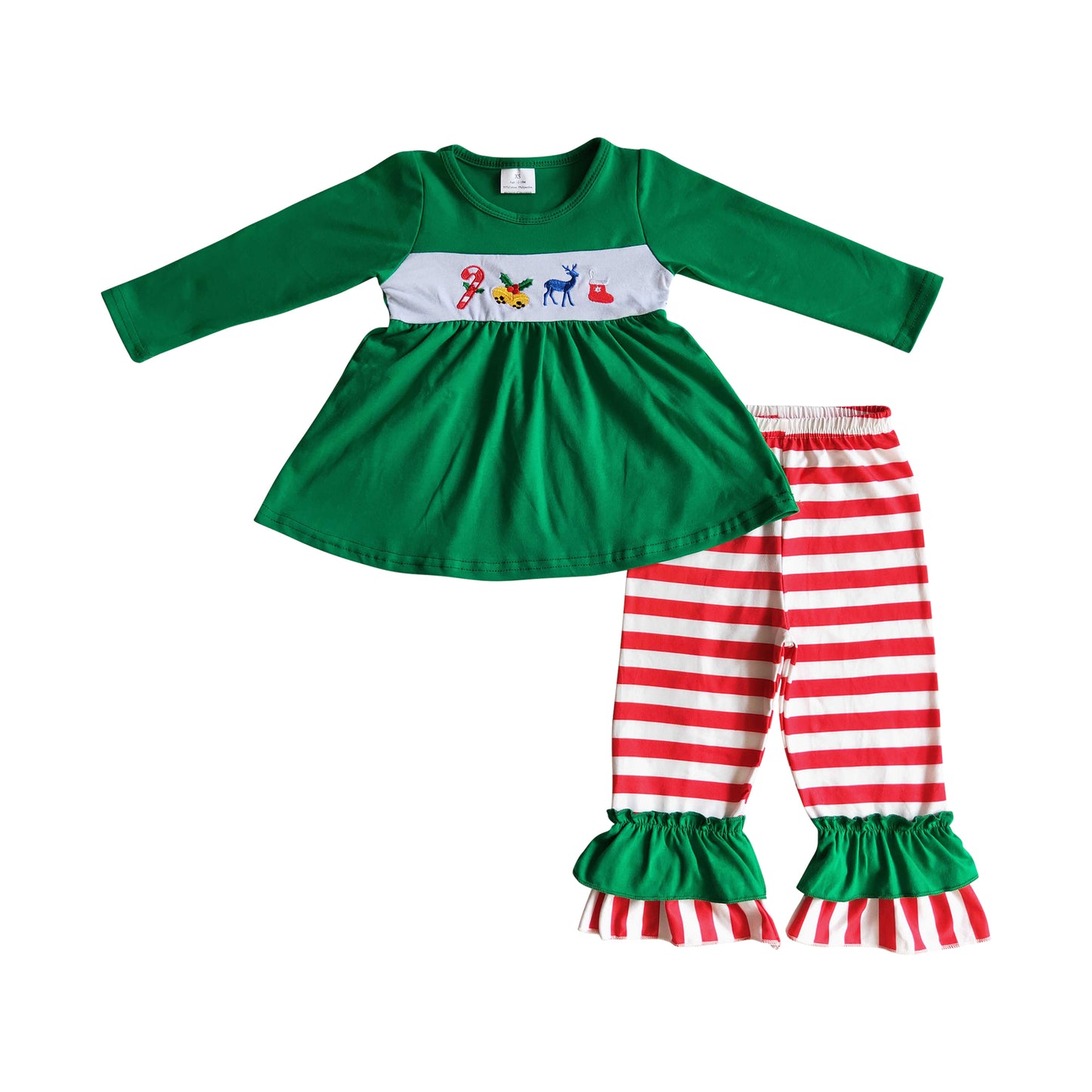 Christmas embroidery outfit green dress top red stipe ruffle pants set girl's clothes