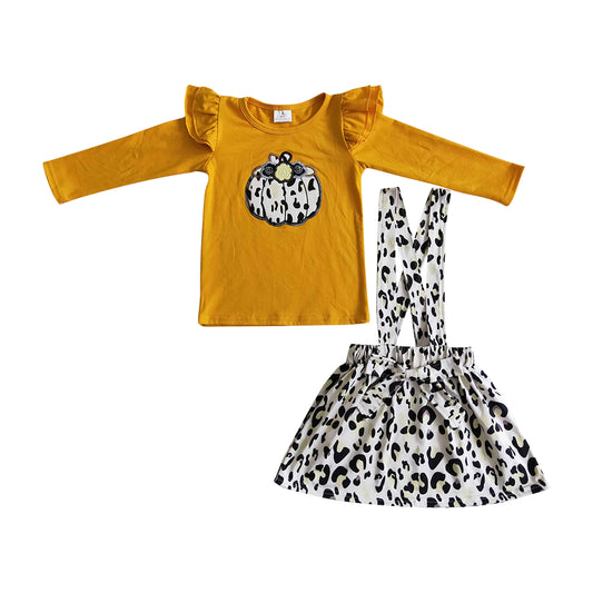 girl fall clothing mustard shirt with pumpkin embroidery braces skirt outfit