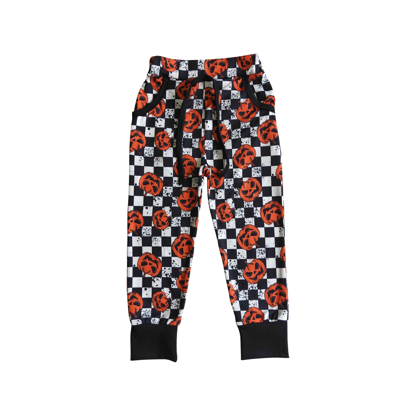 halloween black white plaid with pumpkin jogger pants with pocket for boy