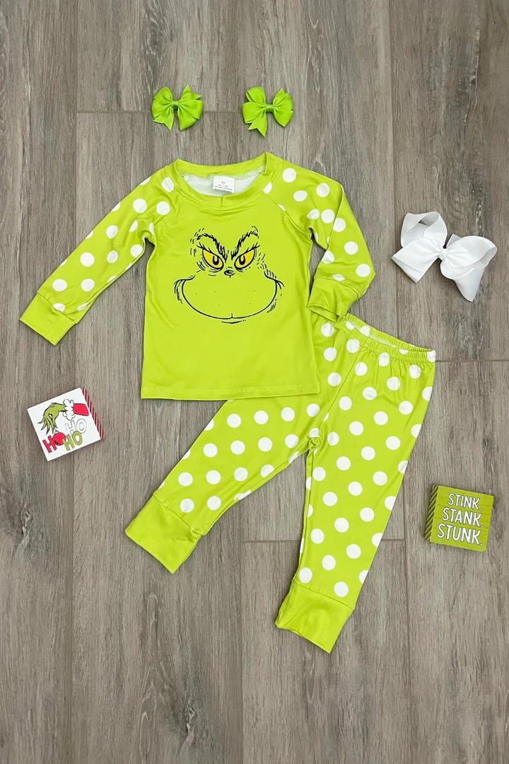 Christmas Pajamas Girl Green Dots