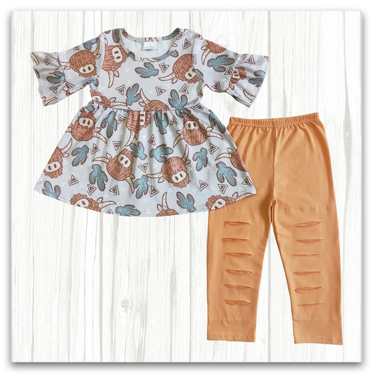 girl short sleeve highland cow outfit orange leggings set