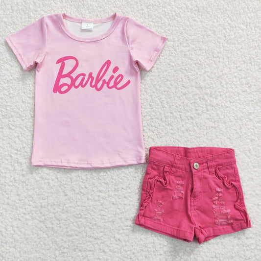 pink t-shirt top + pink denim shorts outfits