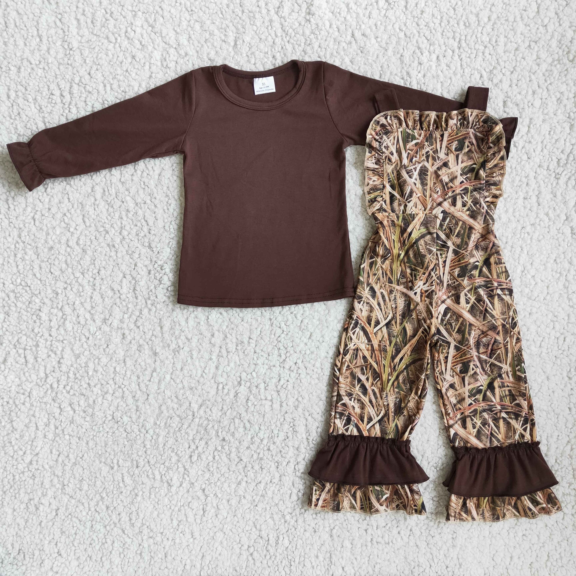 2pcs Brown Cotton Top Camo Overalls Bells Set