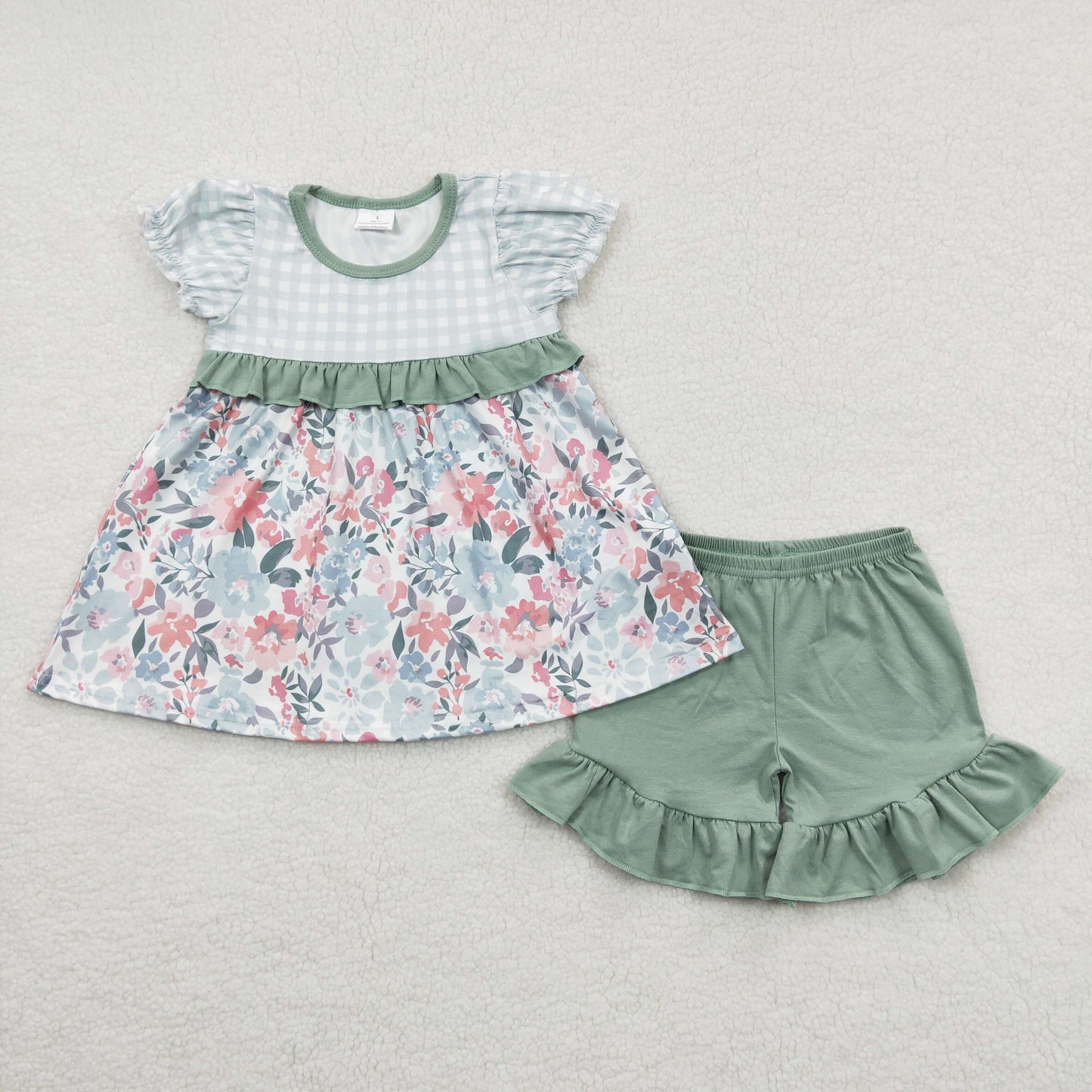 Floral Fields White & Green Gingham Ruffle Girls Shorts Outfit