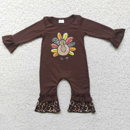 Long Sleeve Brown Turkey Print Romper