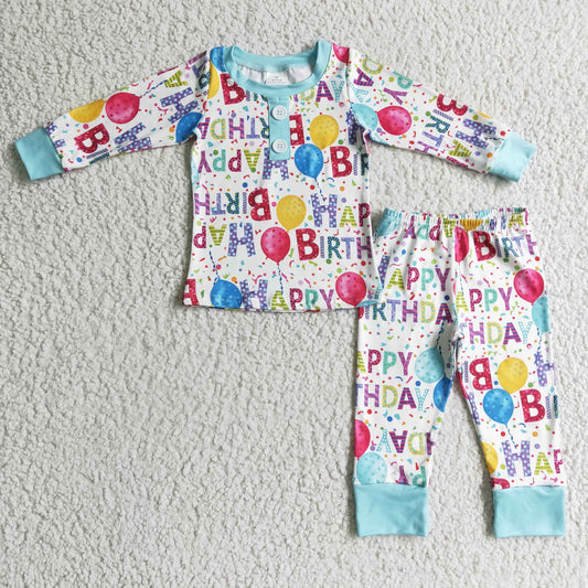 blue happy birthday balloon pajama outfit boy