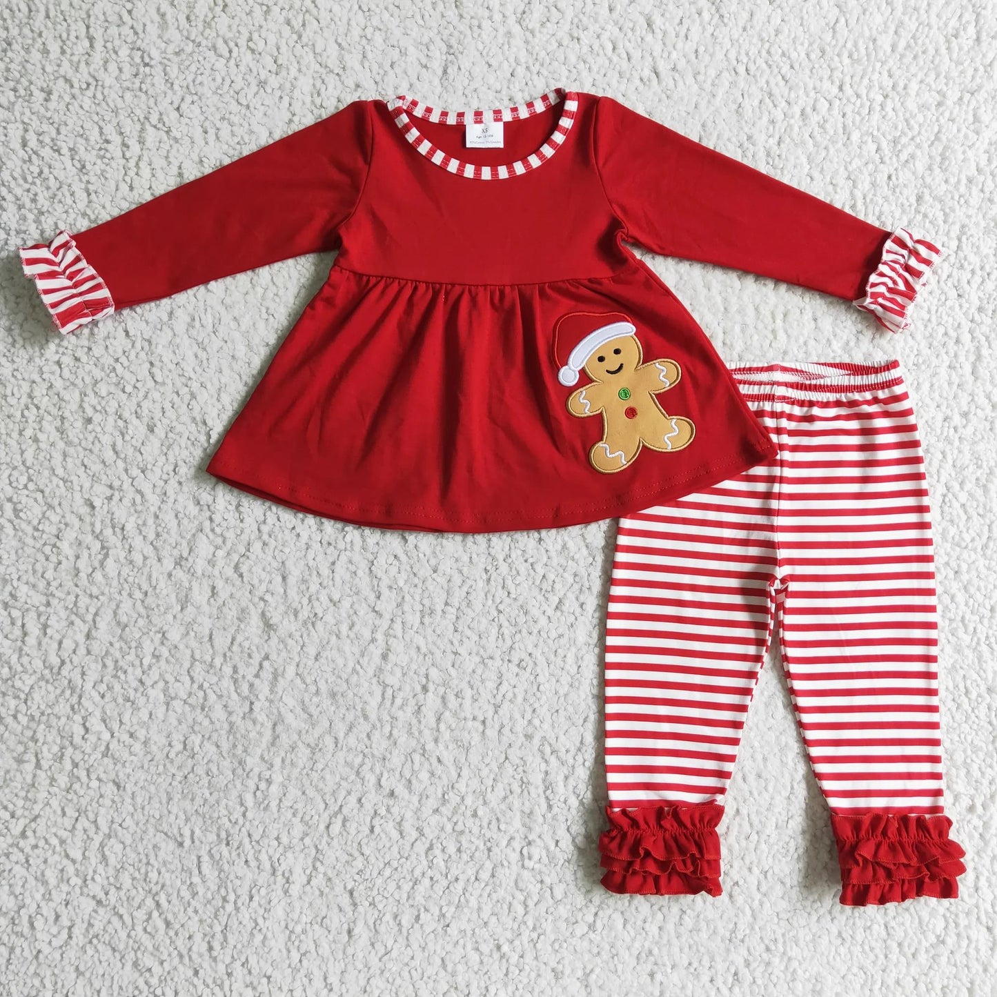 red Christmas gingerbread embroidery stripe pants outfit boy