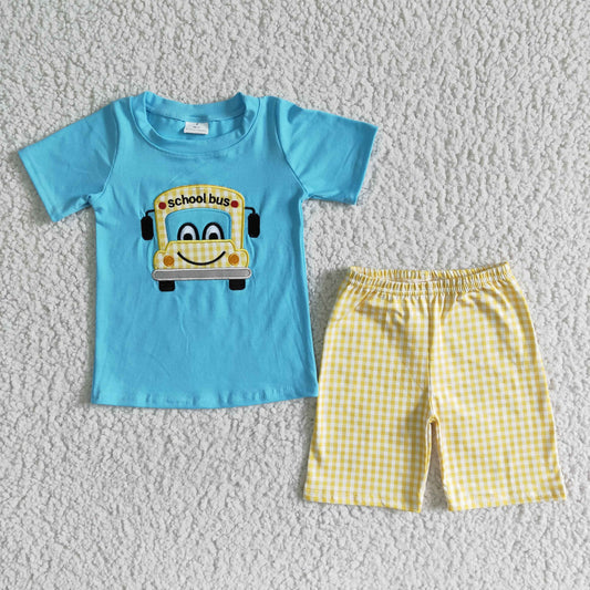 boy's outfit back to school bus embroidery shorts set