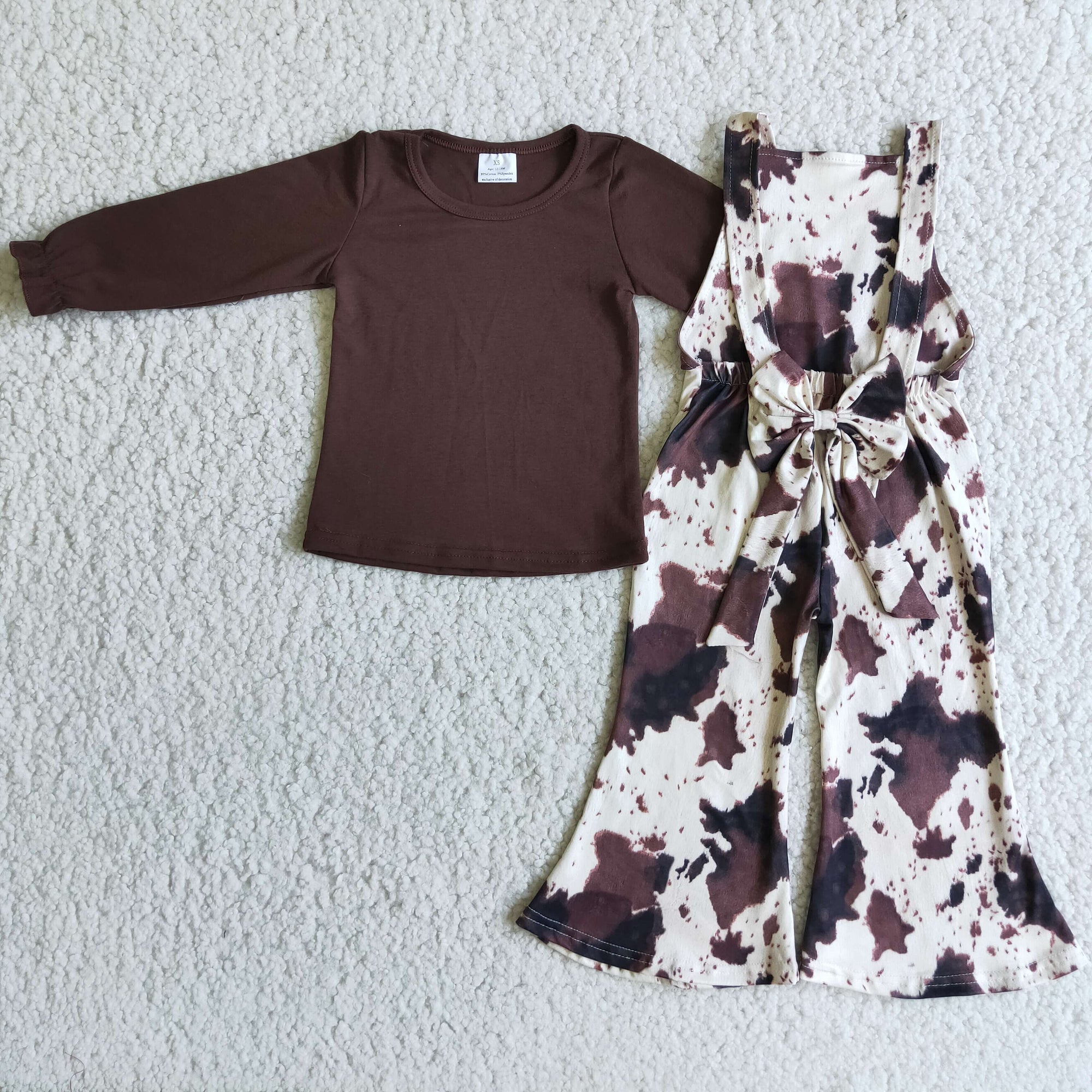 Brown Cotton Top Cow Overalls Bells Set