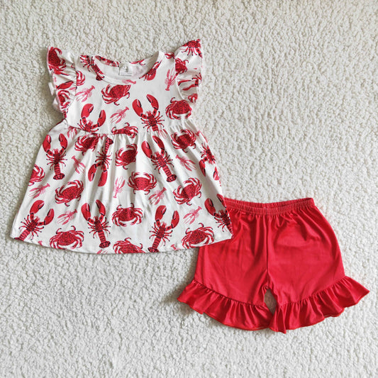 girl's clothing red crawfish shorts set for summer outfit
