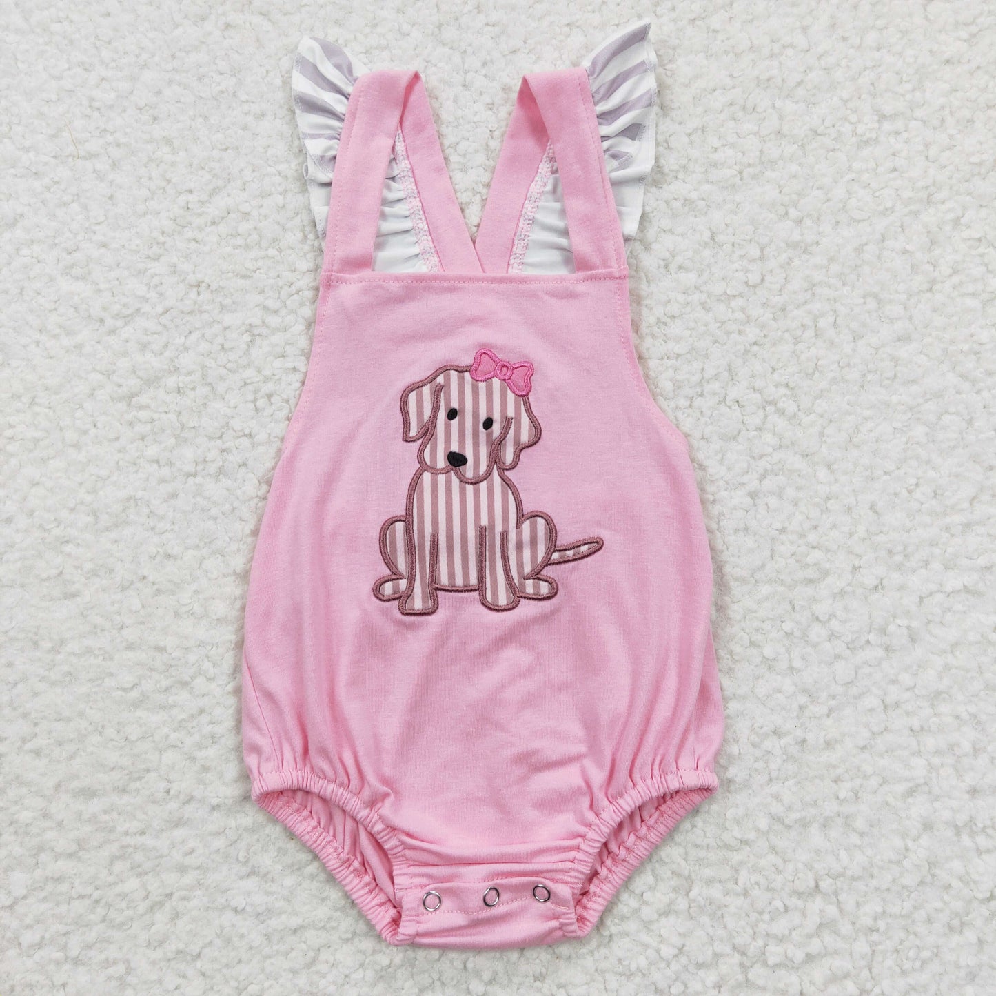 pink cotton dog embroidery cross romper for little girl