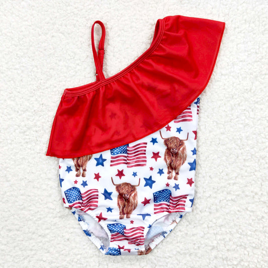 4th of July highland cow one piece swimsuit