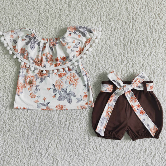 baby girl off-shoulder floral pom top shorts set