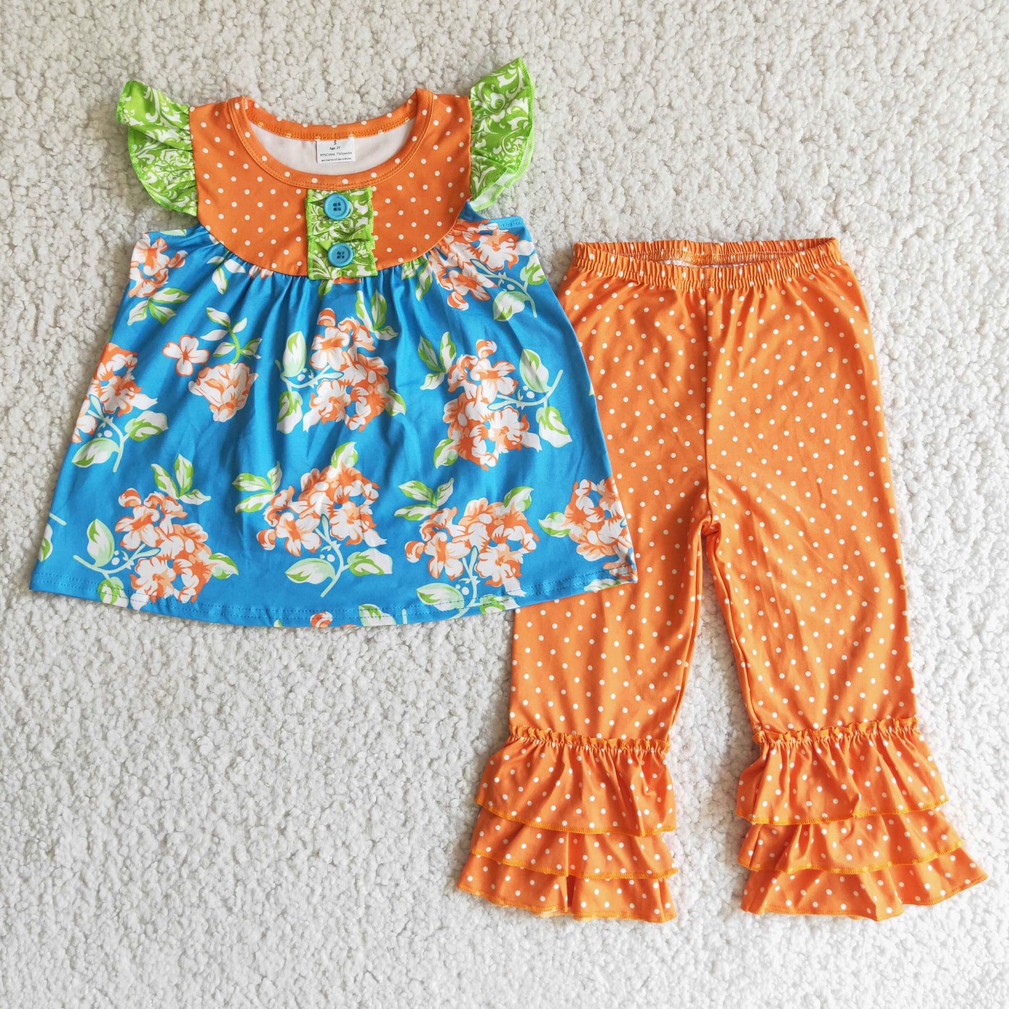 Flutter Sleeve Floral Tunic Orange Dots Ruffle Pants Set