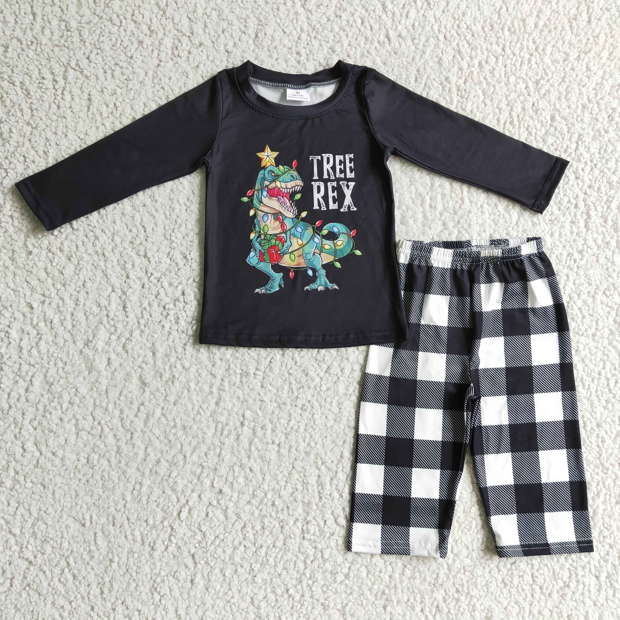 boy christmas black tree rex dinosaur pants outfit